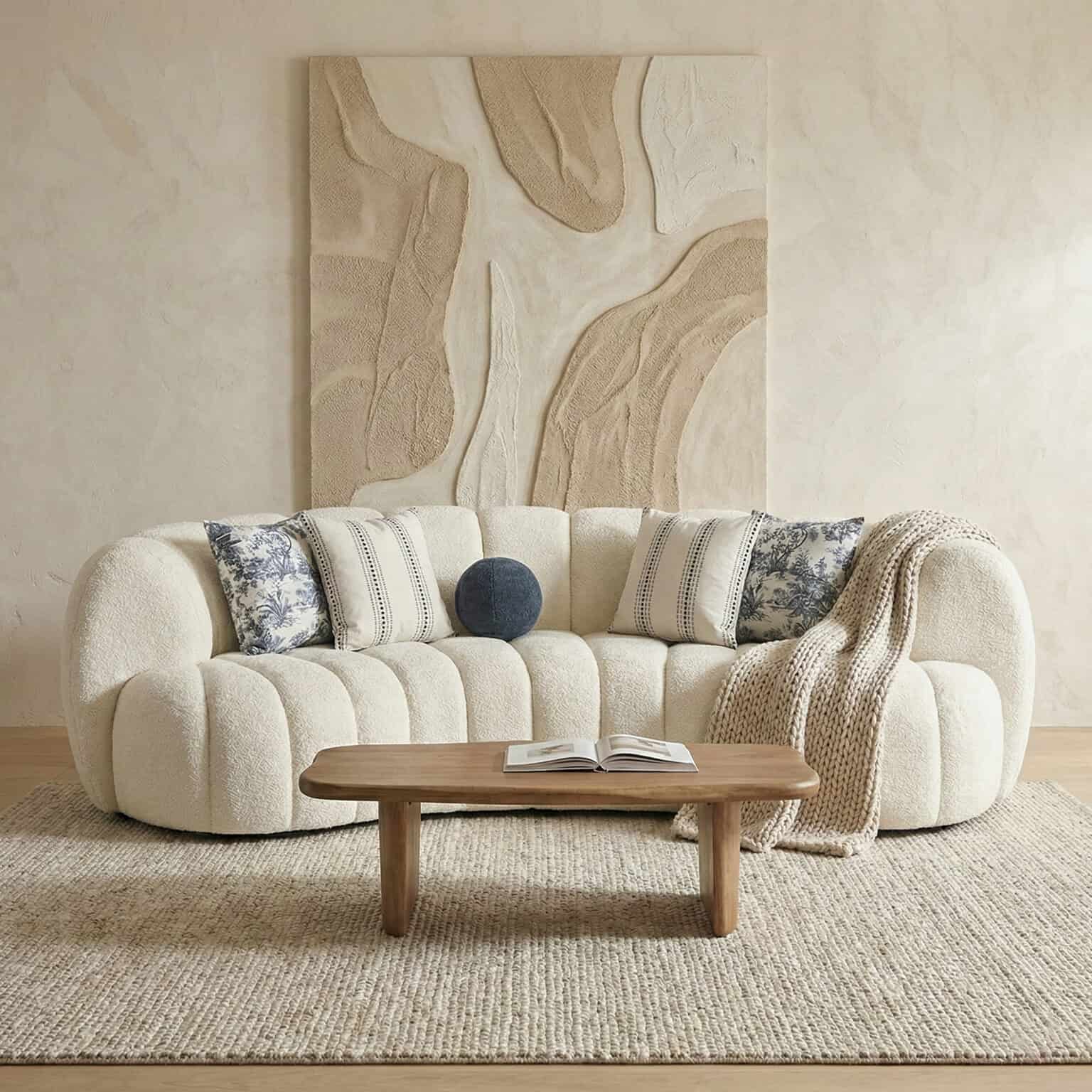 Elegant plush sofa with decorative pillows in a stylish living room setting.