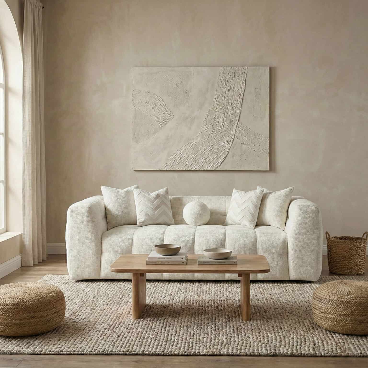 Elegant living room featuring a plush white sofa, textured wall art, and natural decor accents.