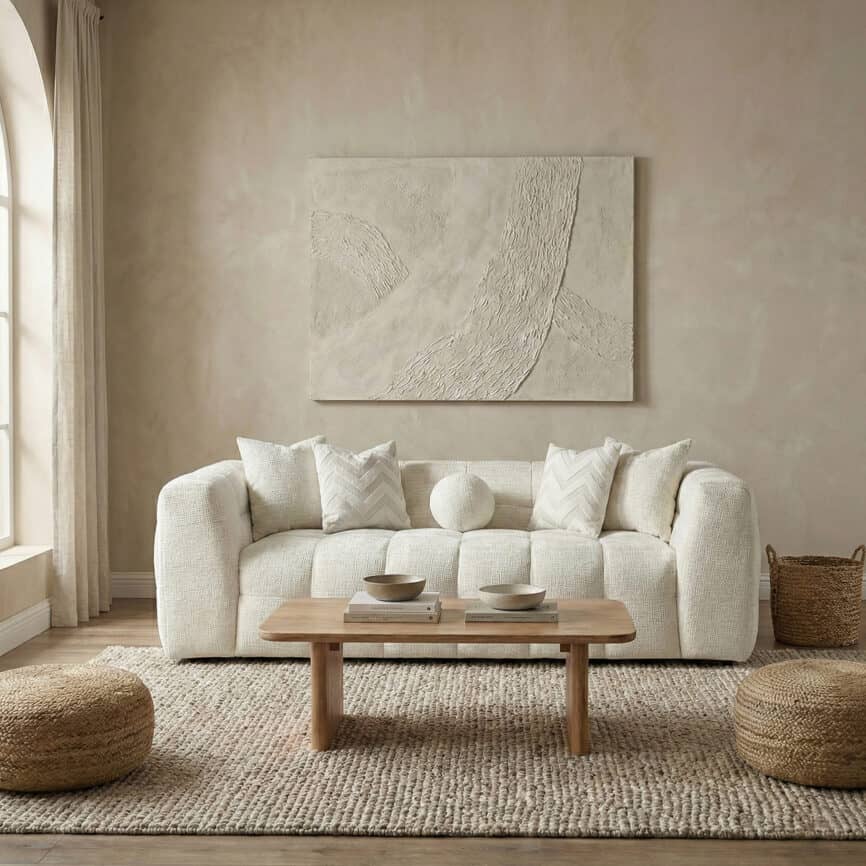 Elegant living room featuring a plush white sofa, textured wall art, and natural decor accents.