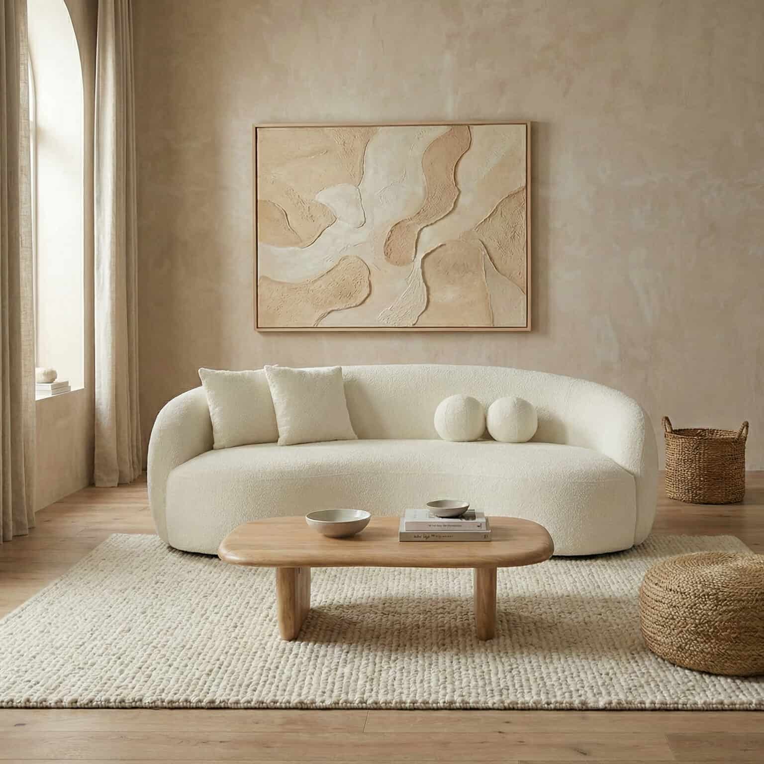 Elegant neutral-colored sofa in a cozy living room setting.
