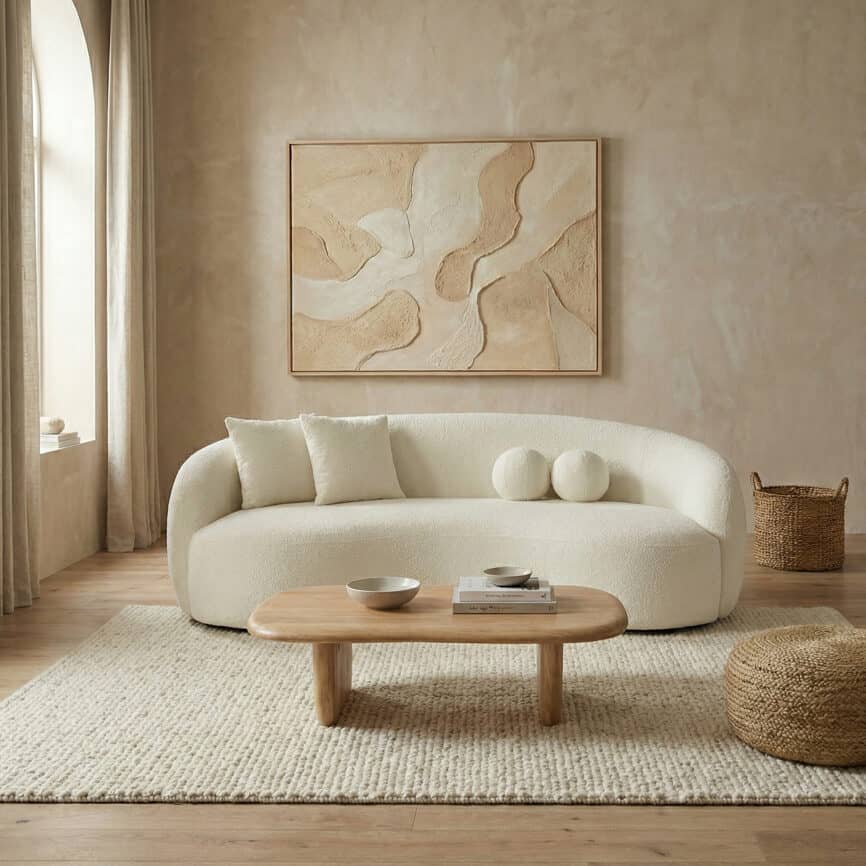 Elegant neutral-colored sofa in a cozy living room setting.