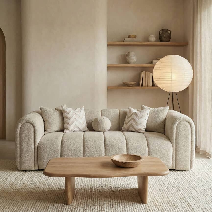 Elegant living room featuring a plush beige sofa, wooden coffee table, and soft lighting.