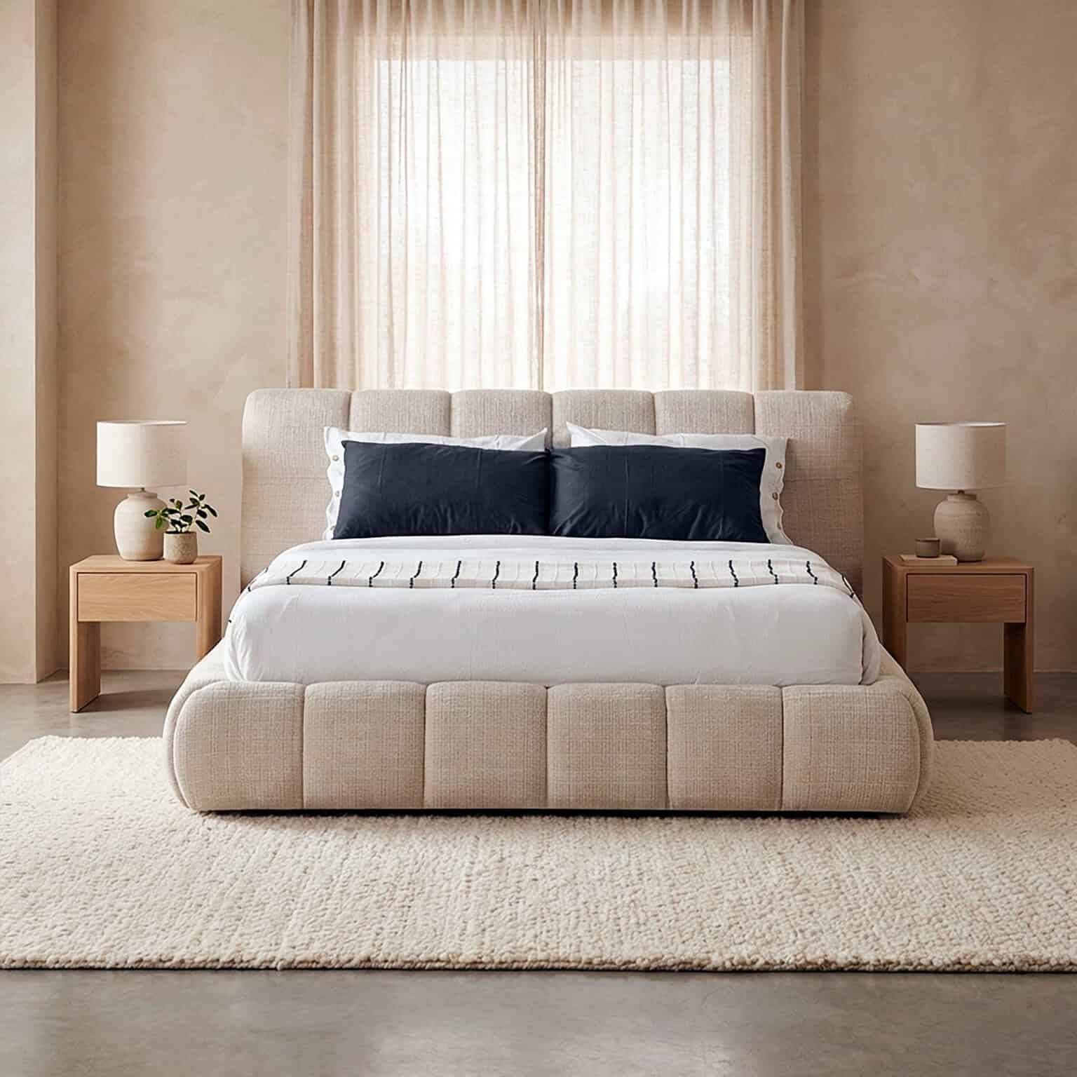 Modern bedroom with beige bed, navy pillows, and minimalist decor for a cozy, stylish look.
