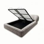 Ayora Bed with storage and lift-up mattress in grey fabric upholstery.