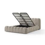 Modern Carlet Bed with built-in storage ottoman in beige fabric.