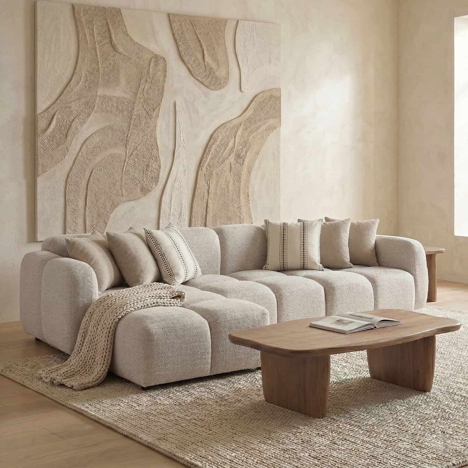 Modern Nules sofa in neutral tones with cozy cushions and textured throw.