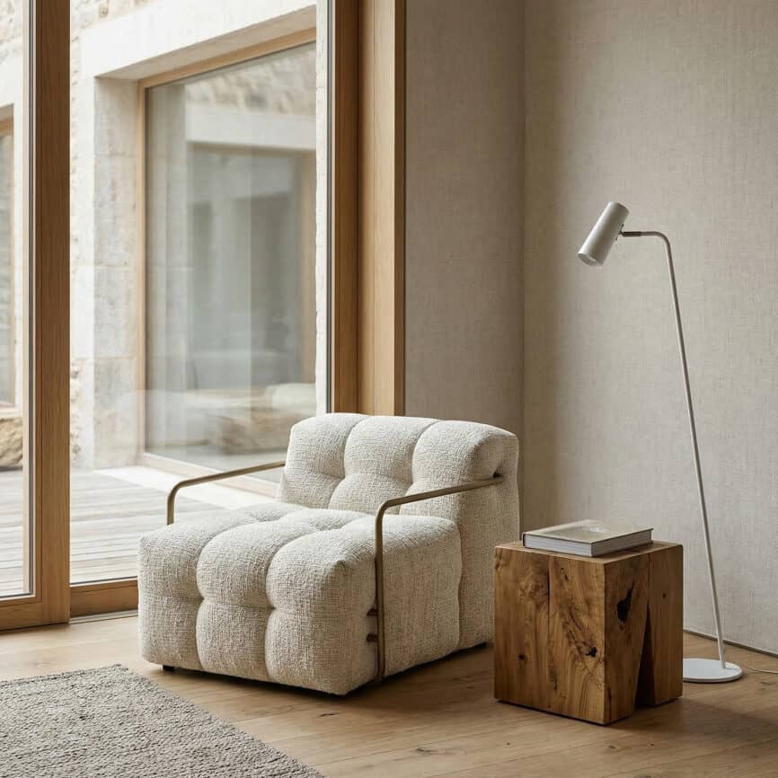 Armchair for modern living room decor, featuring plush upholstery and sleek design.