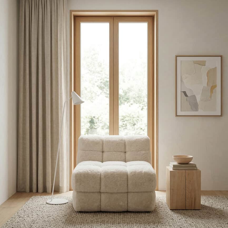 Oropesa Puff sofa in a cozy living room with natural light.
