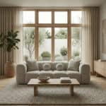 Bright living room with large windows, neutral sofa, and cozy decor.