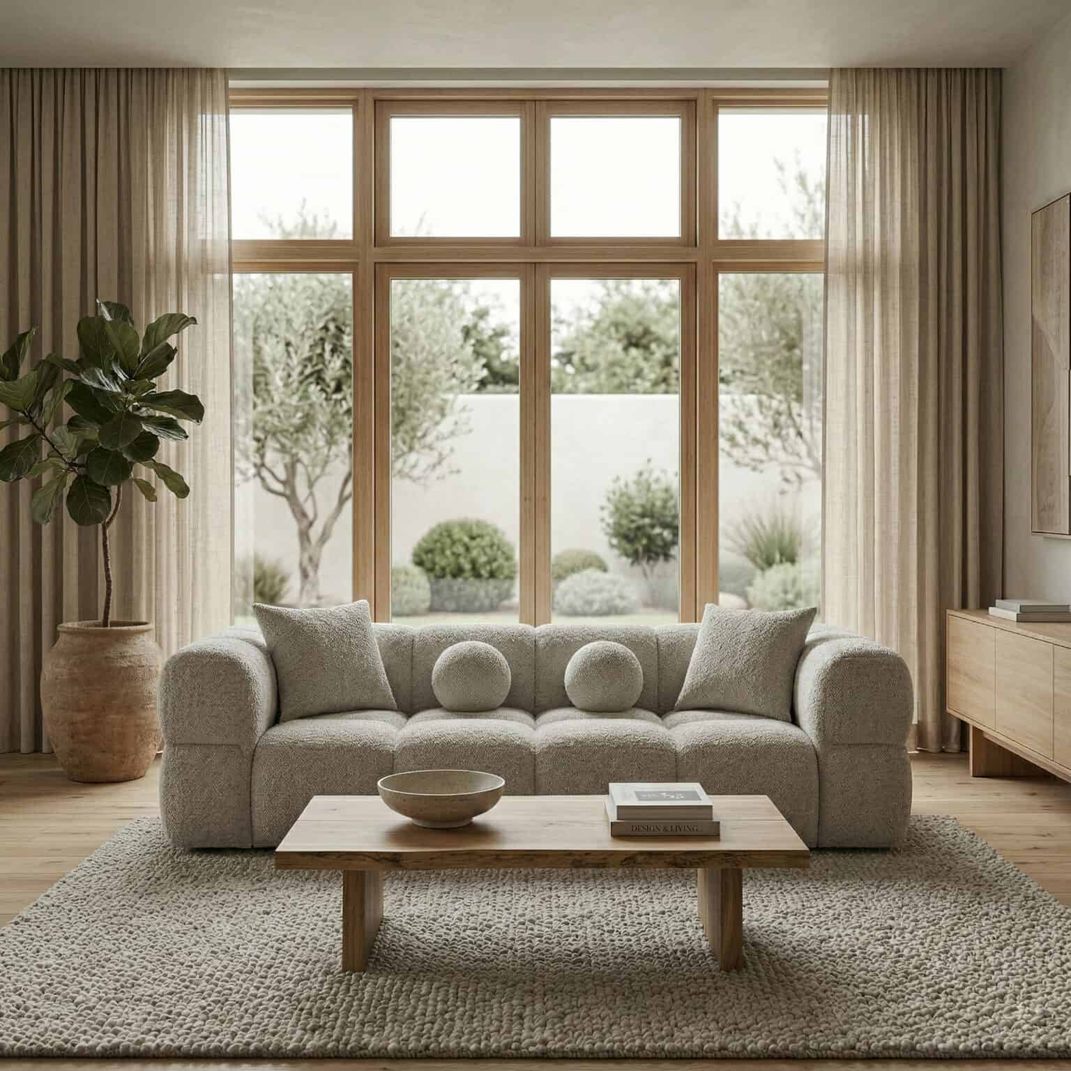 Bright living room with large windows, neutral sofa, and cozy decor.