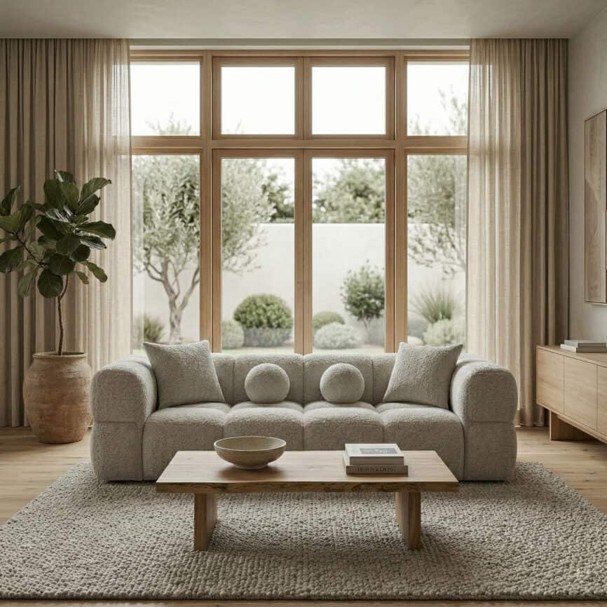 Bright living room with large windows, neutral sofa, and cozy decor.