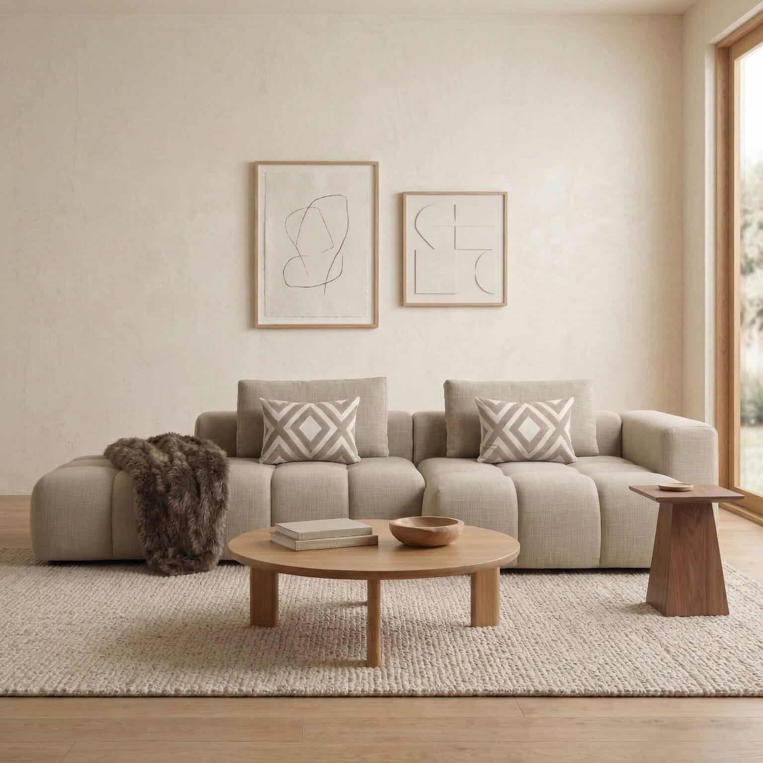 Elegant living room featuring a plush sofa, abstract wall art, and natural light.