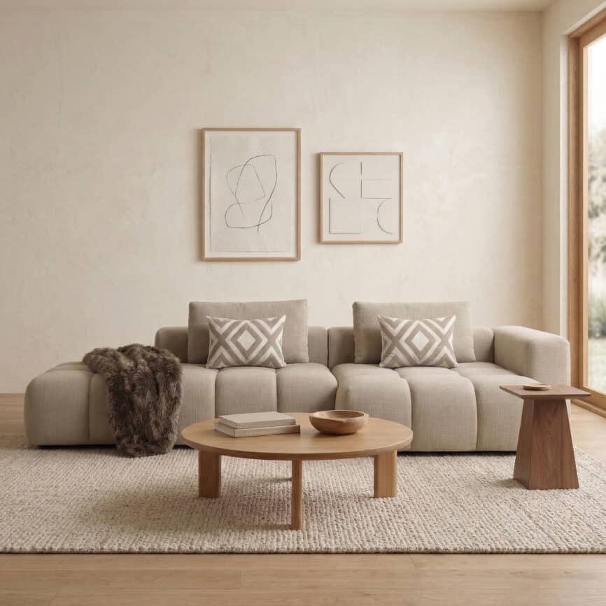 Elegant living room featuring a plush sofa, abstract wall art, and natural light.