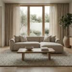 Modern living room with large windows, beige sofa, and natural light.