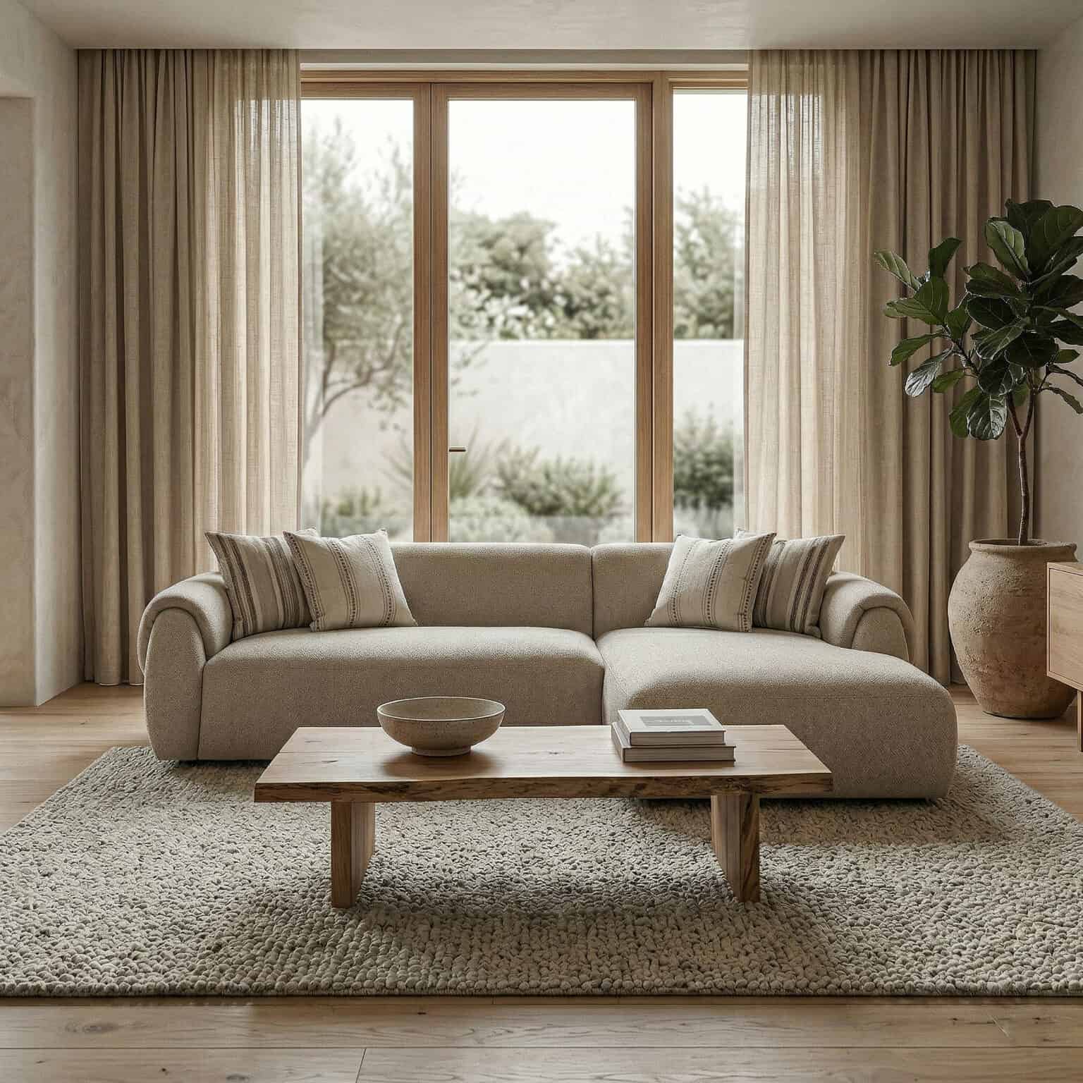 Modern living room with large windows, beige sofa, and natural light.