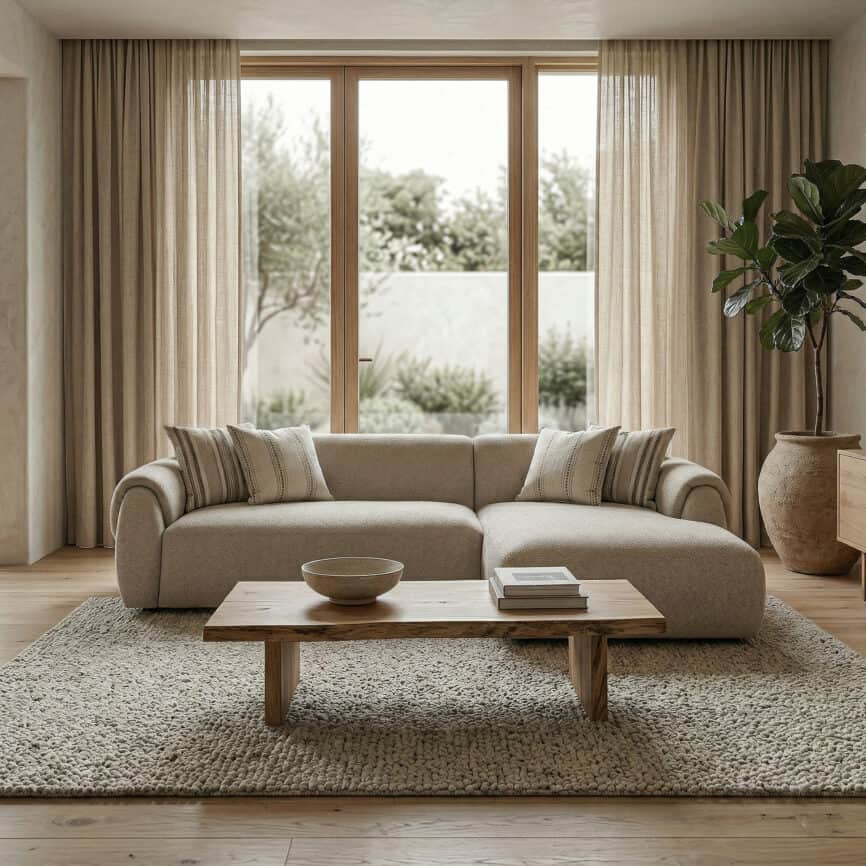 Modern living room with large windows, beige sofa, and natural light.
