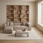 Contemporary living room with sofa and wooden bookshelf, minimalist decor.