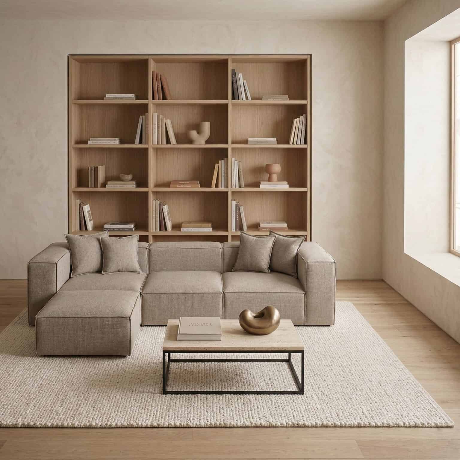 Contemporary living room with sofa and wooden bookshelf, minimalist decor.