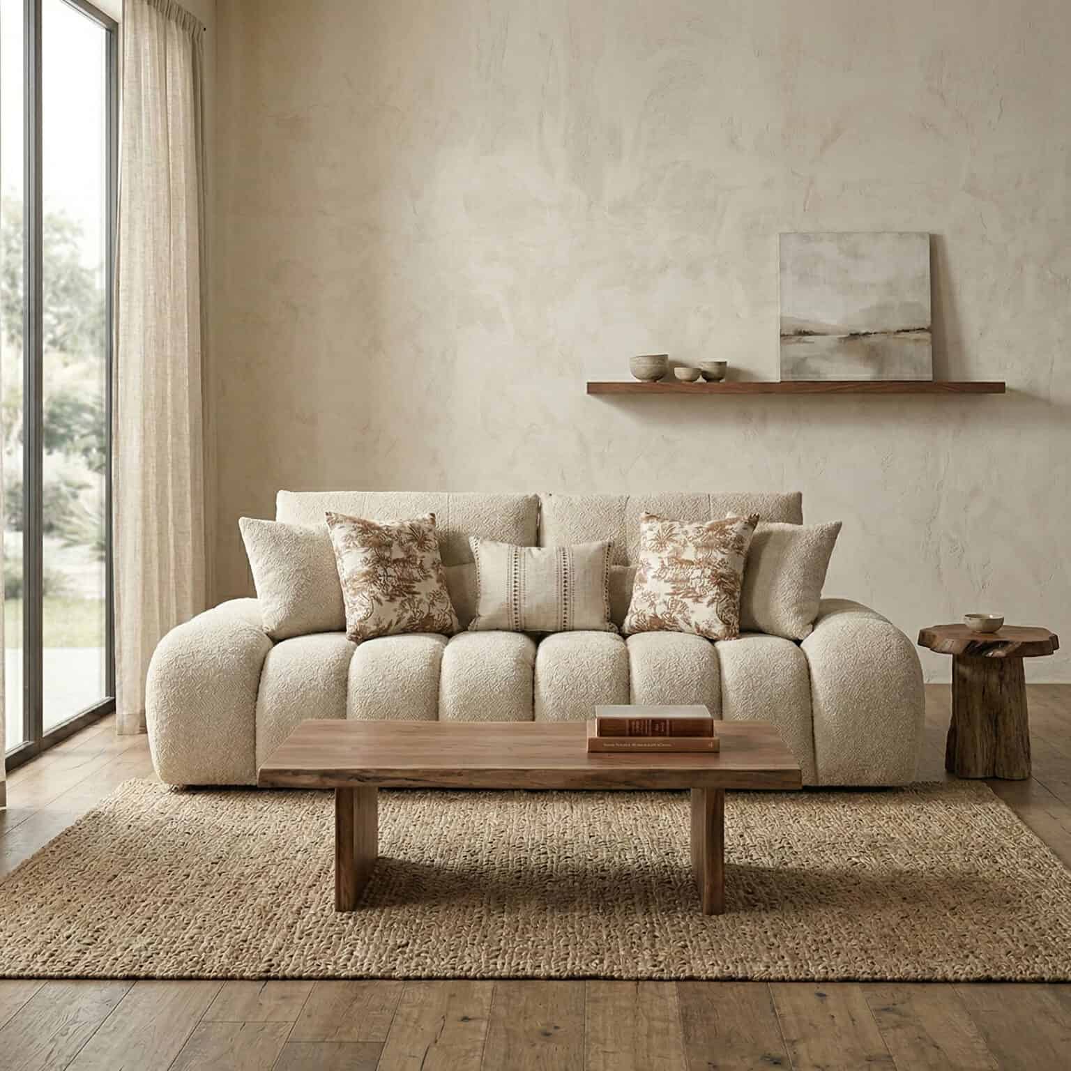 Elegant beige sofa with textured cushions in a contemporary living space.