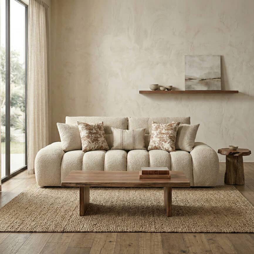 Elegant beige sofa with textured cushions in a contemporary living space.