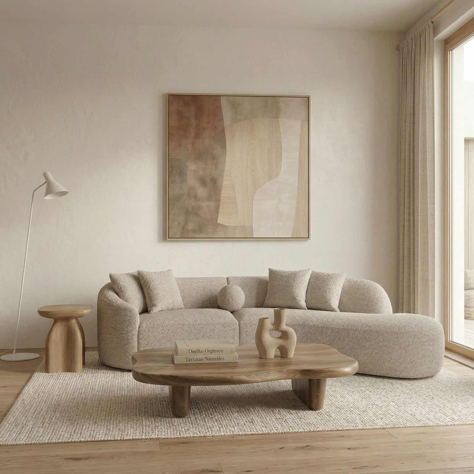 Elegant living room with contemporary furniture and abstract art, perfect for modern home collection.