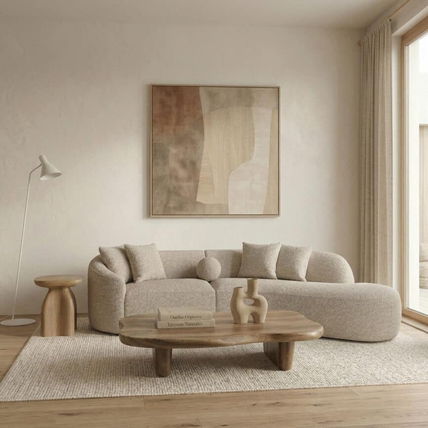 Elegant living room with contemporary furniture and abstract art, perfect for modern home collection.