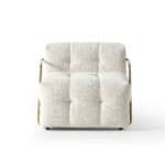 Armchair with plush beige upholstery and modern design.