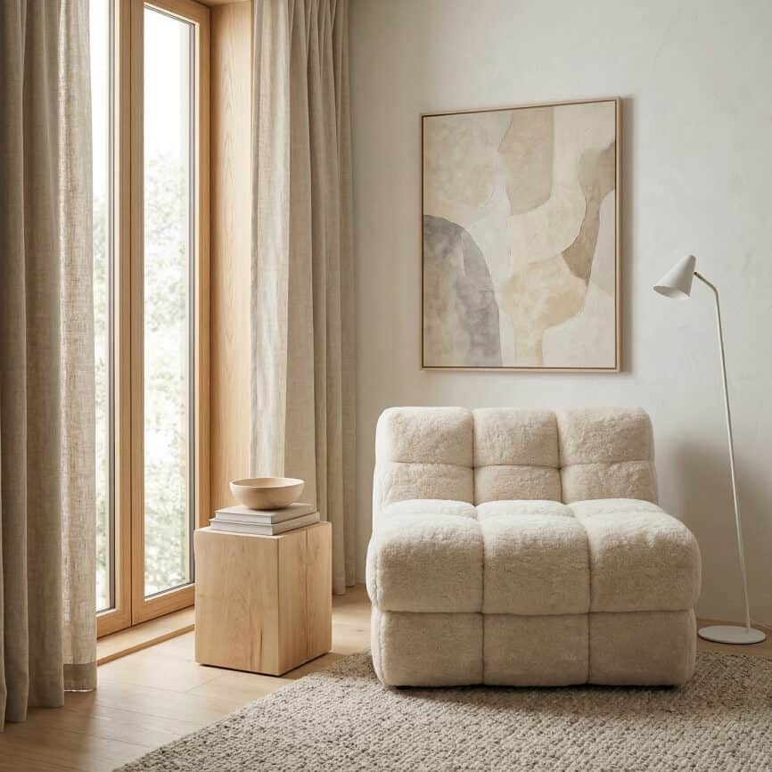Modern Oropesa Puff sofa in a cozy living room setting.