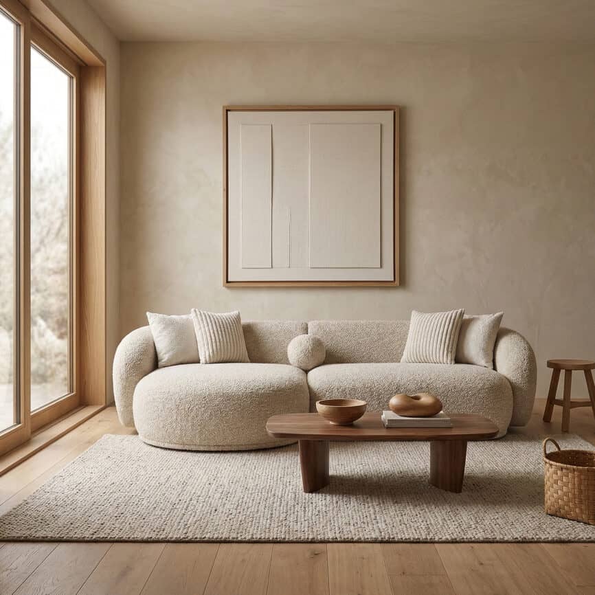 Elegant living room featuring OVVO Home furniture collection with neutral tones and minimalist decor.