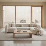 Elegant neutral-toned living room with large windows and minimalist decor.
