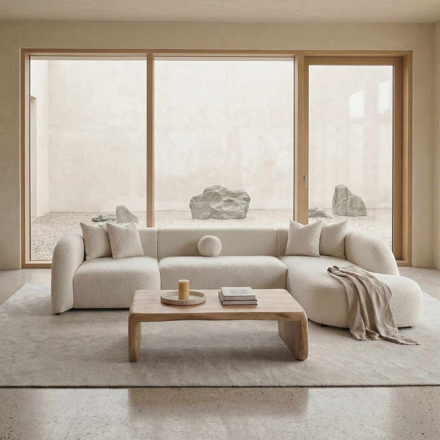 Elegant neutral-toned living room with large windows and minimalist decor.
