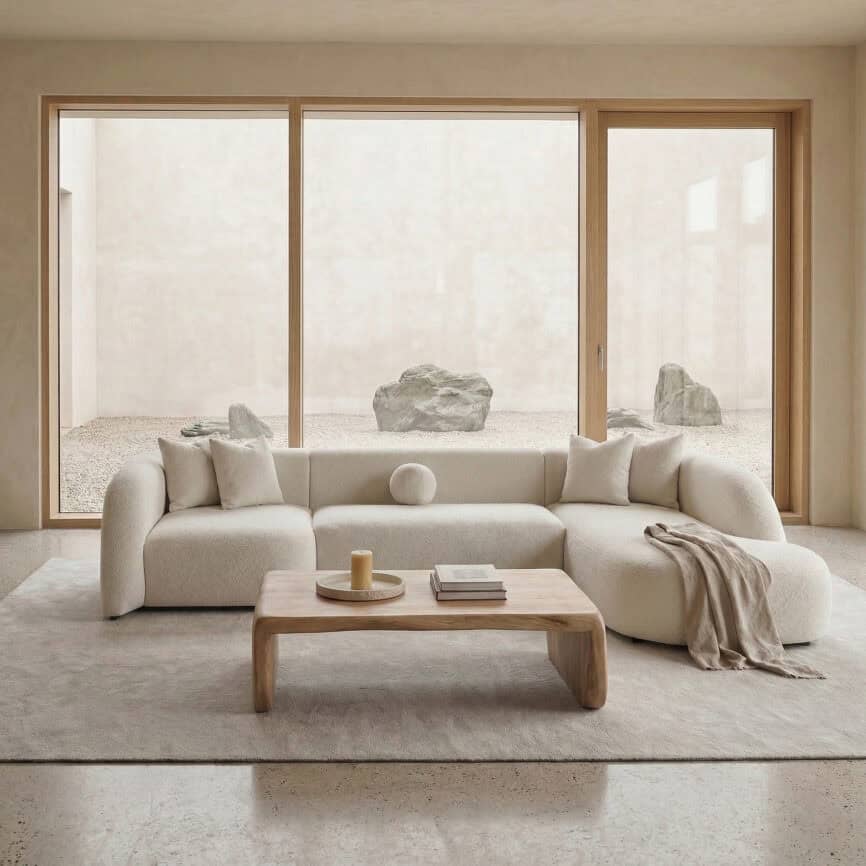 Elegant neutral-toned living room with large windows and minimalist decor.