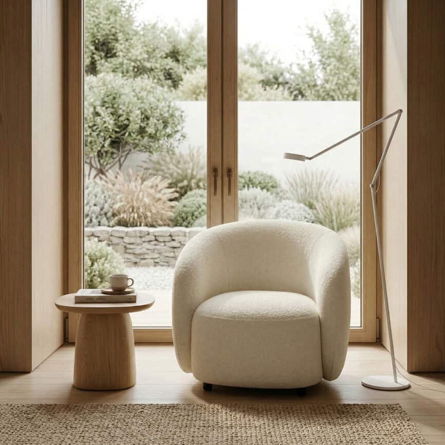 Comfortable Villar armchair with soft upholstery in a minimalist interior setting.